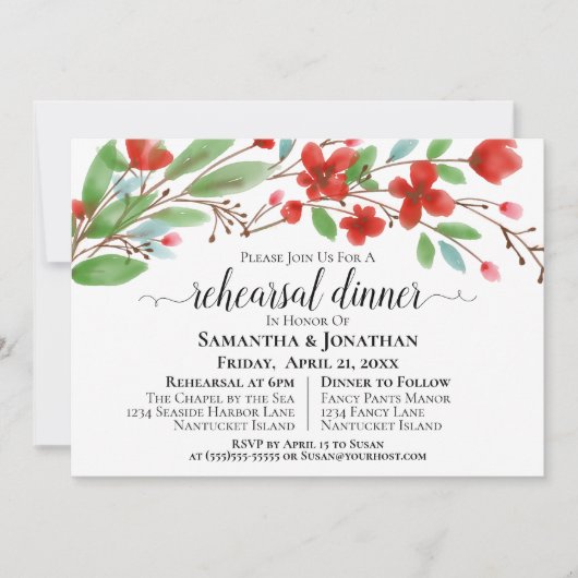 紅水彩花のリハ結婚ーサルディナー 招待状 (正面)