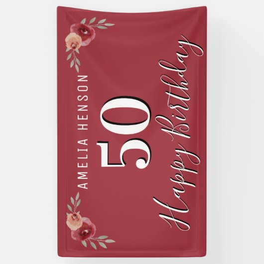 紅水彩花フローラ50誕生日 横断幕 (縦)