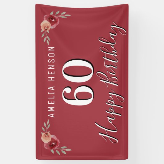 紅水彩花フローラ60誕生日 横断幕 (縦)