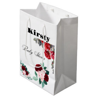 紅水彩花赤ちゃんシャワー ミディアムペーパーバッグ