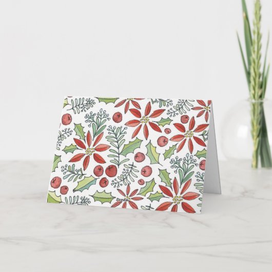 紅水色のポインセテ絵を描ィアとホリー写真 シーズンカード (裏面)