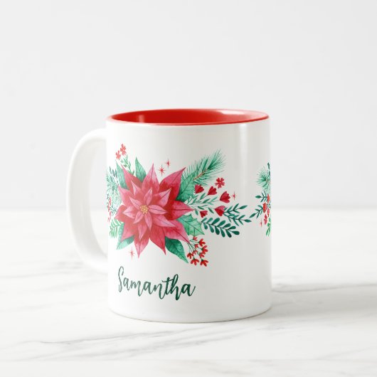 紅水色ポインセチアのクリスマスフラワー+名前 ツートーンマグカップ (正面左)