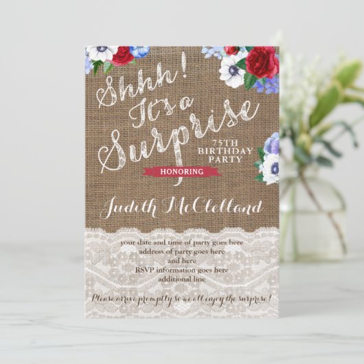 紅白と青のレディーサプライズ誕生日パーティー 招待状 (スタンド正面)