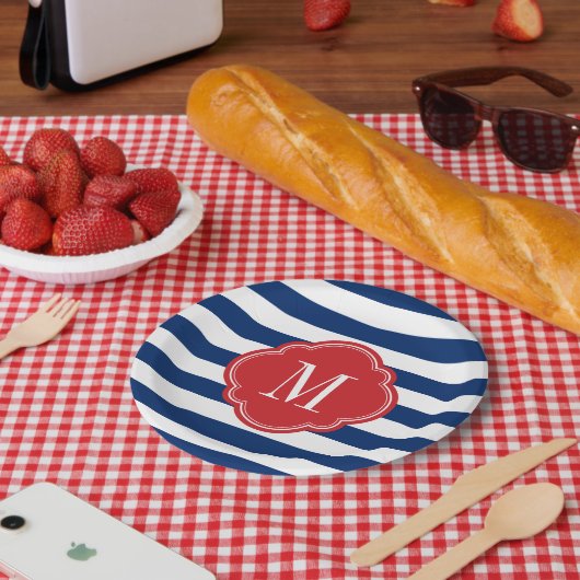 紅白と青の愛国心のストライプモノグラム ペーパープレート (ピクニック)