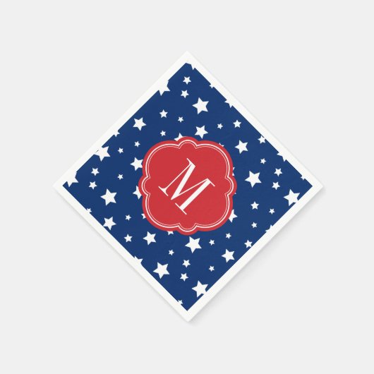 紅白と青の愛国的な星群モノグラム スタンダードカクテルナプキン (角)
