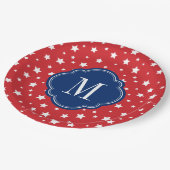 紅白と青の愛国的な星群モノグラム ペーパープレート (アングル)