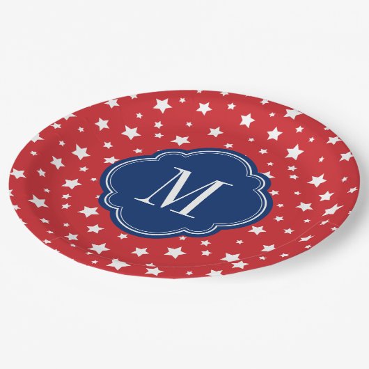 紅白と青の愛国的な星群モノグラム ペーパープレート (アングル)