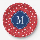 紅白と青の愛国的な星群モノグラム ペーパープレート (正面)
