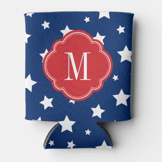 紅白と青の愛国的な星群モノグラム 缶クーラー (正面)