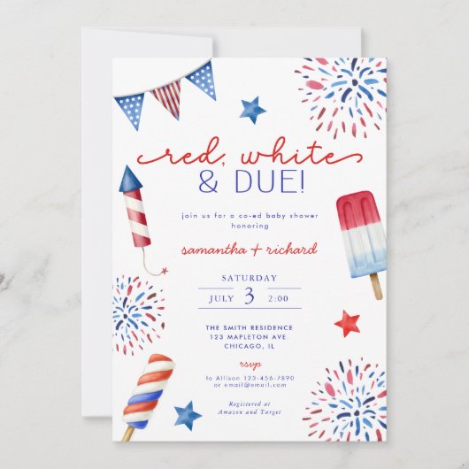 紅白と7月4日の赤ちゃんシャワー 招待状 (正面)