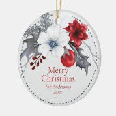 紅白の銀色の葉のクリスマス セラミックオーナメント (左)