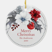 紅白の銀色の葉のクリスマス セラミックオーナメント (裏面)