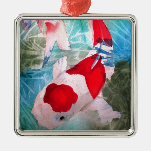 紅白コイ2日本の水彩魚アート メタルオーナメント (正面)