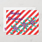 紅白ストライプ花誕生日葉書 ポストカード (正面/裏面)