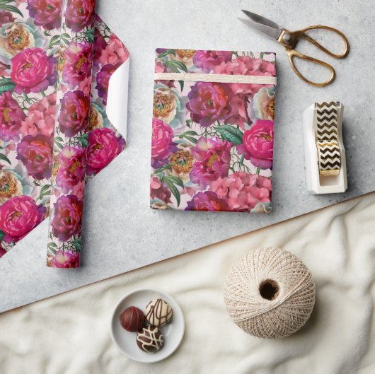 紅白ピンクの牡丹と紫陽花 ラッピングペーパー (クラフト)