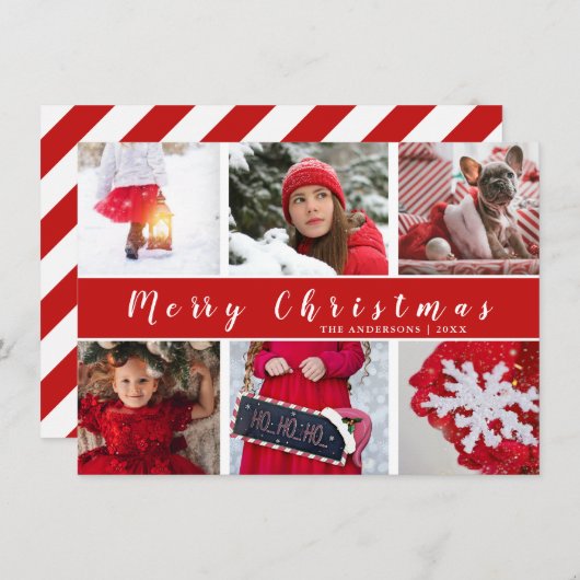 紅白モダンメリークリスマス写真コラージュ シーズンカード (正面/裏面)