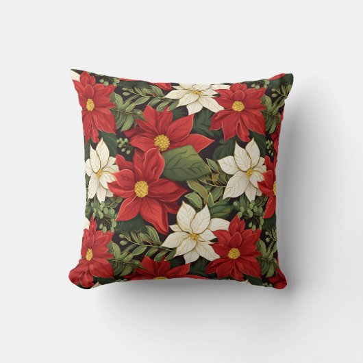紅白緑ポインセチア花模様 クッション (正面)