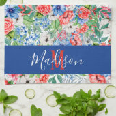 紅白青の花7月4日モノグラム キッチンタオル (折り畳み)