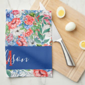 紅白青の花7月4日モノグラム キッチンタオル (四つ折り)