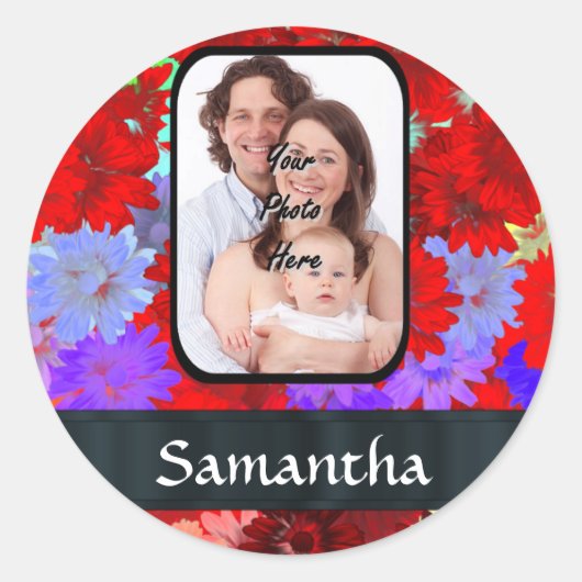 紅紫色の花柄 ラウンドシール (正面)