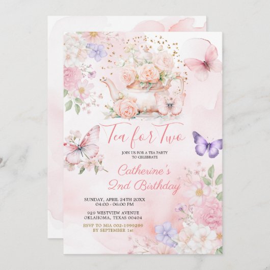 紅紫茶パーティー蝶2羽の茶 招待状 (正面/裏面)