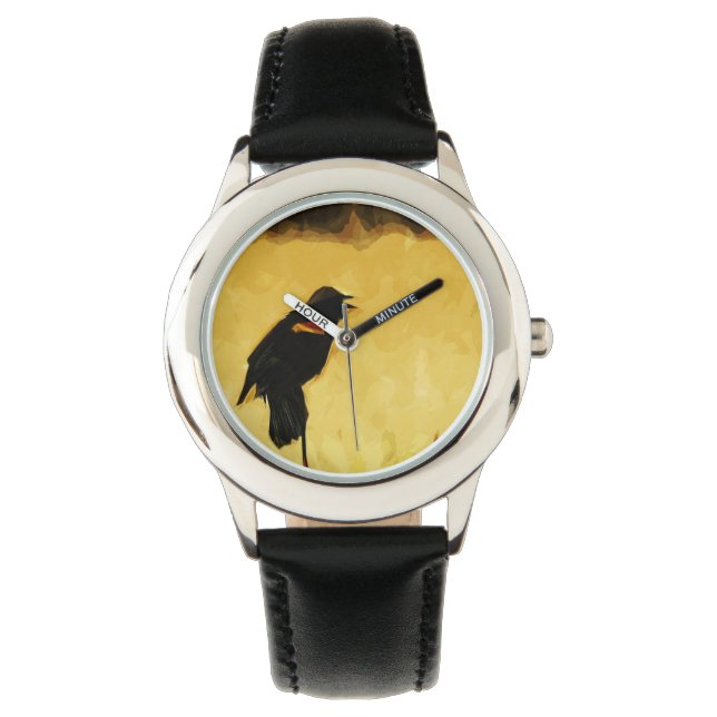紅翼ブラックバード歌唱抽象芸術 腕時計 (正面)