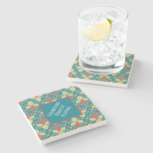 紅色のイチゴの果実、花とランナー ストーンコースター (横)