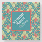 紅色のイチゴの果実、花とランナー ストーンコースター (正面)