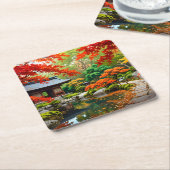 紅色の滝 – 秋の庭日本のに スクエアペーパーコースター (アングル)