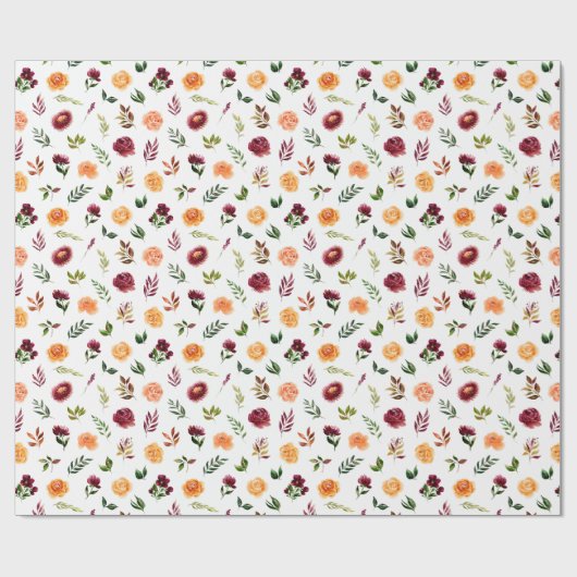 紅色の花と紅葉の模様 ラッピングペーパー (フラット)