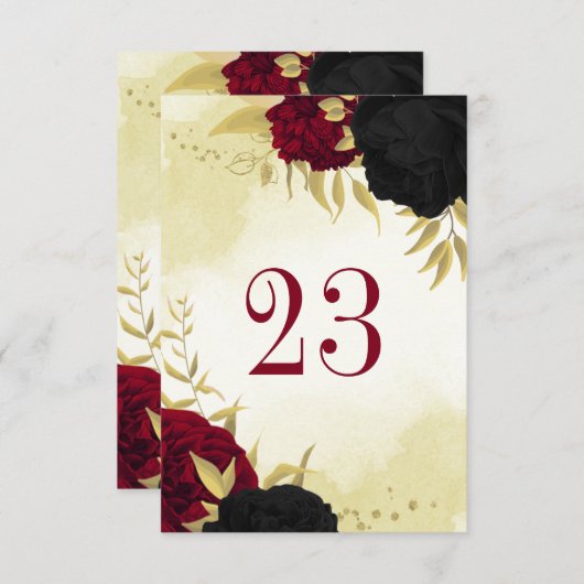 紅色の花離れ金ゴールドのテーブル番号 招待状 (正面/裏面)