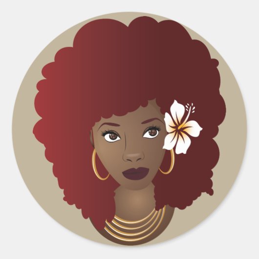紅色白髪に花を咲かせた黒人女性 ラウンドシール (正面)
