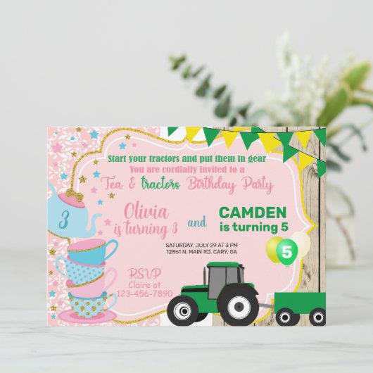 紅茶とトラクターの兄弟姉妹誕生日の招待。 招待状 (スタンド正面)