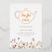 紅茶のための2つのフローラ誕生日-バラ金ゴールド 箔招待状 (正面)