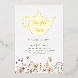 紅茶のための2つのフローラ誕生日-金ゴールド 箔招待状