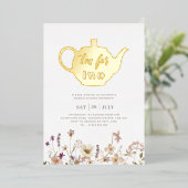 紅茶のための2つのフローラ誕生日-金ゴールド 箔招待状 (立ち正面)