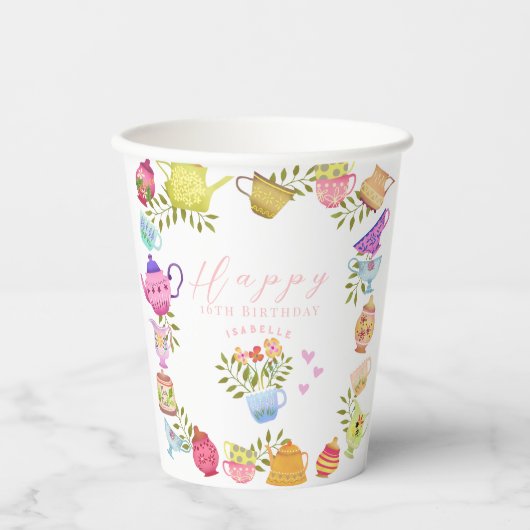 紅茶のポットとカップの誕生日 紙コップ (正面)