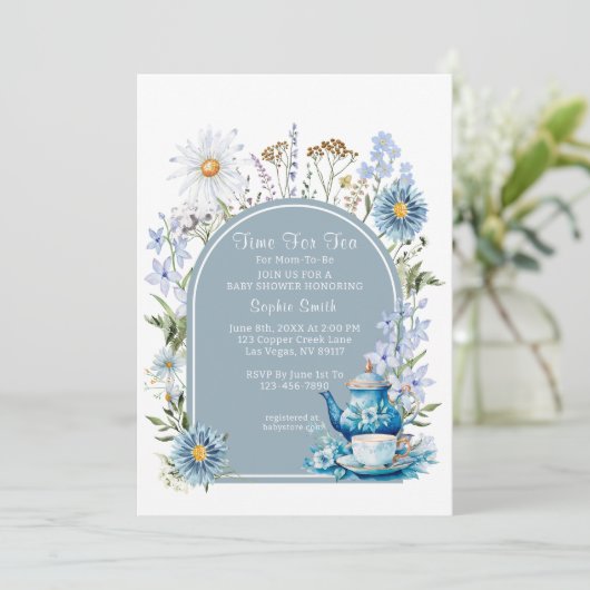 紅茶の赤ちゃんシャワーのための埃っぽいブルータイム 招待状 (スタンド正面)