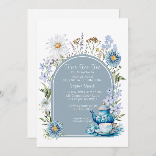 紅茶の赤ちゃんシャワーのための埃っぽいブルータイム 招待状 (正面/裏面)