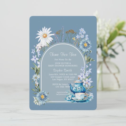 紅茶の赤ちゃんシャワーのための埃っぽいブルータイム 招待状 (スタンド正面)