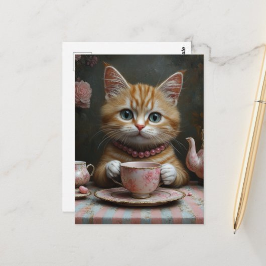 紅茶を飲むピンクのパールの可愛いジンジャー子猫 ポストカード (正面/裏面インサイチュ)