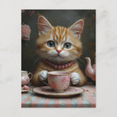 紅茶を飲むピンクのパールの可愛いジンジャー子猫 ポストカード (正面)