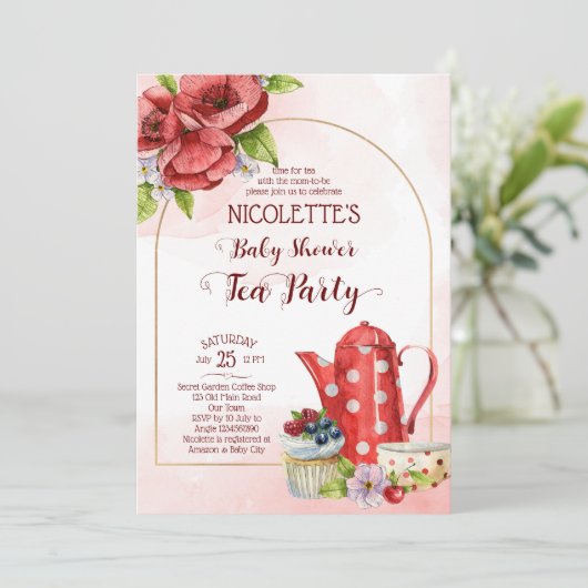 紅茶パーティーの赤ちゃんシャワー招待テンプレート 招待状 (スタンド正面)