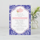 紅茶パーティーティーポット、レースピンク、ネイビーブライダルシャワー 招待状 (スタンド正面)