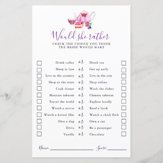 紅茶パーティーブライダルシャワー彼女はむしろゲームをする (正面)