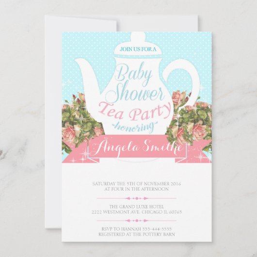 紅茶パーティーブライダルシャワー招待,ヴィンテージティーポット 招待状 (正面)
