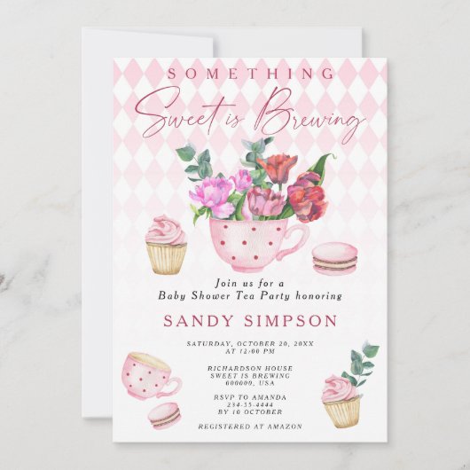 紅茶パーティー甘いものが赤ちゃんシャワーを醸造している 招待状 (正面)