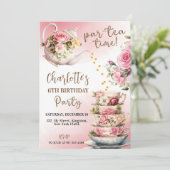 紅茶パーティー誕生日招待状 – ピンクと金ゴールドパー –  招待状 (スタンド正面)