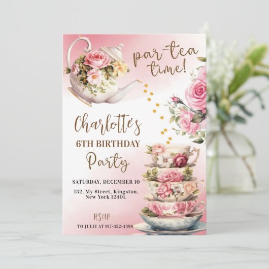 紅茶パーティー誕生日招待状 – ピンクと金ゴールドパー –  招待状 (スタンド正面)