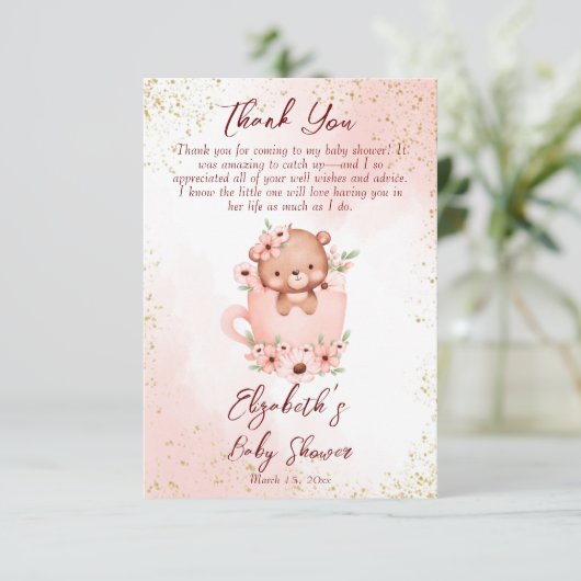 紅茶パーティー赤ちゃんシャワーピンクのテディがカップに サンキューカード (スタンド正面)